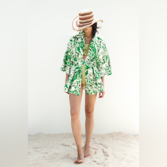 Zara Green and White Paisley Printed Linen-blend Lined Kimono with Belt Size M-L - Picture 2 of 8